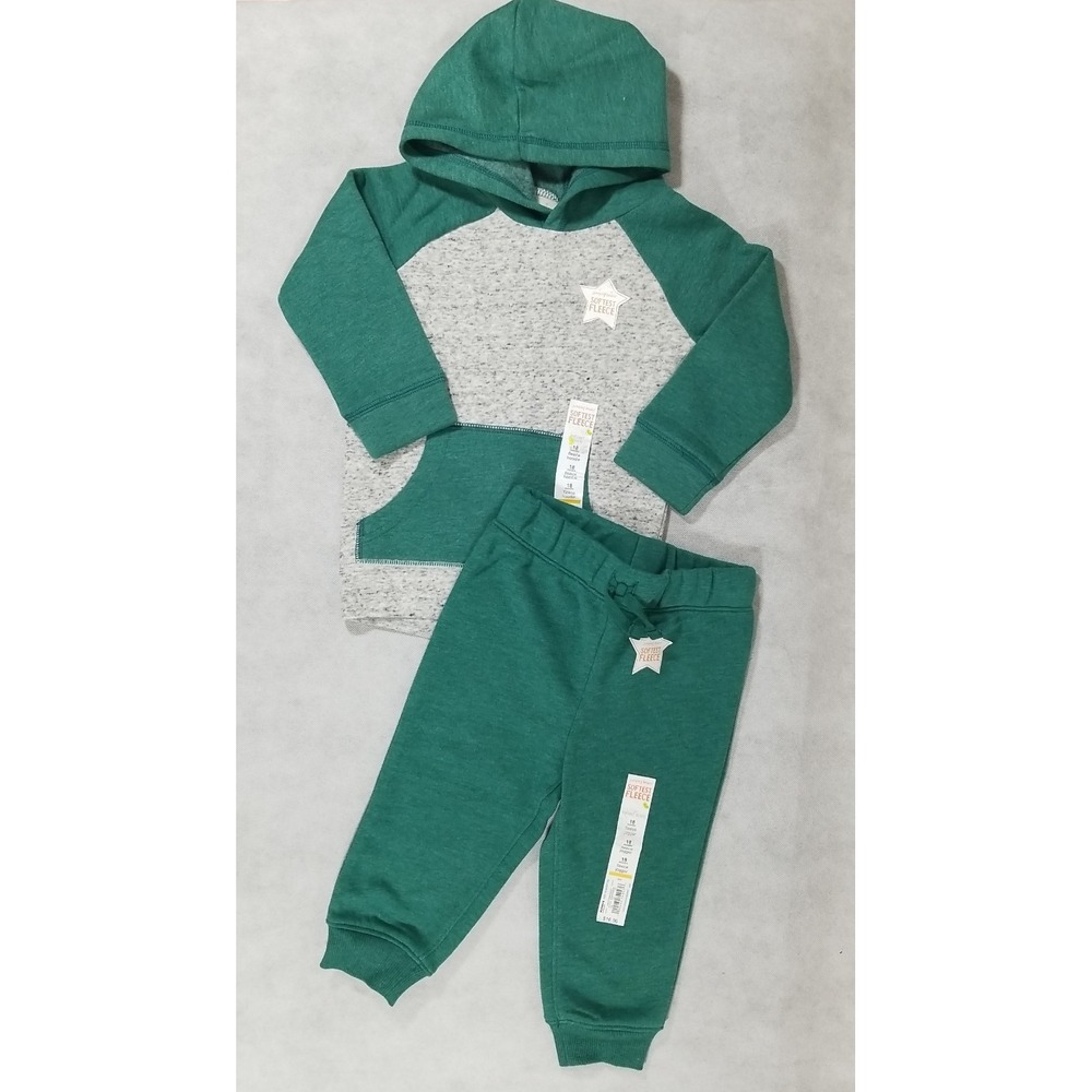 NEW Jumping Beans Boys 18 months Hoodie‎ Fleece Set Green Gray Hooded Sweatsuit